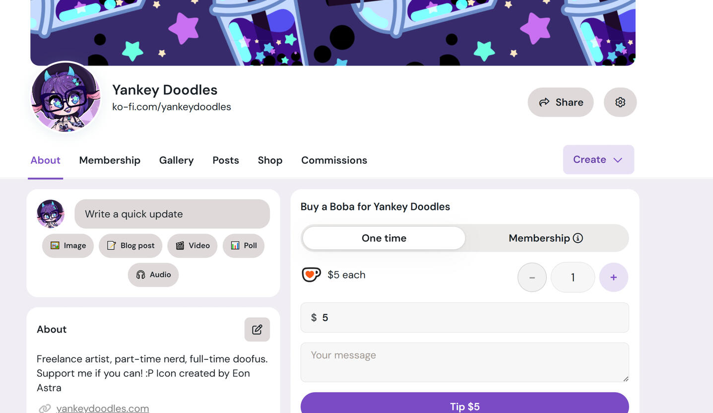 Check out my Ko-Fi to support me. You can give me a tip (buy me a boba), commission me, or check out my shop for downloadable wallpapers and emojis.