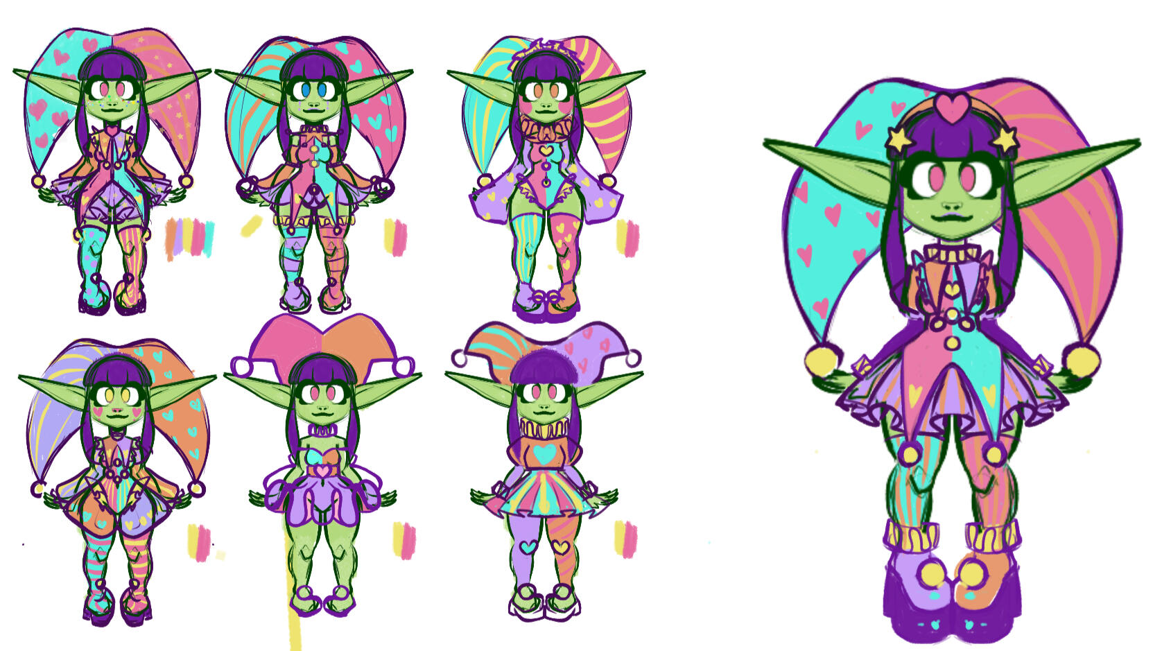Tiyra's Jester themed magical girl outfit - I settled on the far right as her final design but it is now canon in her campaign t Tiyra's Jester themed magical girl outfit - I settled on the far right as her final design but it is now canon in her campaign that she can switch her outfit per transformation.