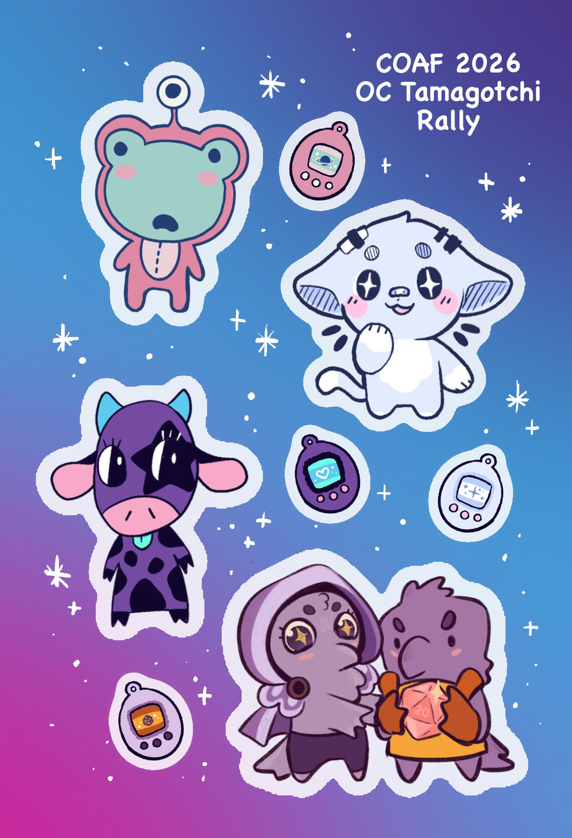 The sticker sheet featuring original tamogatchi style mascots!